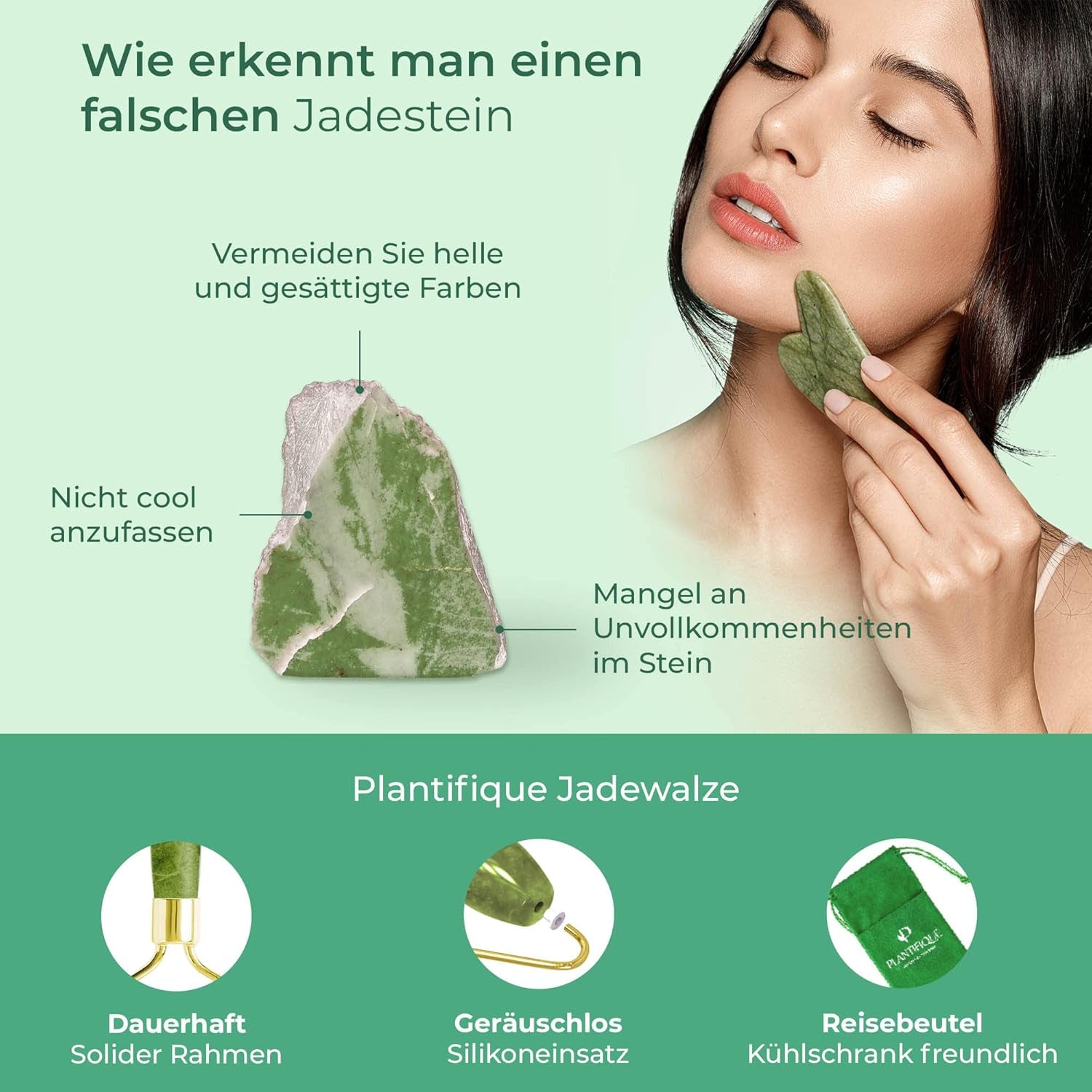 Plantifique Jade Gesichtsroller Und Gua Sha Stein - Natürliches Jade Roller & Guasha Set Für Gesichtsmassage - Face Roller