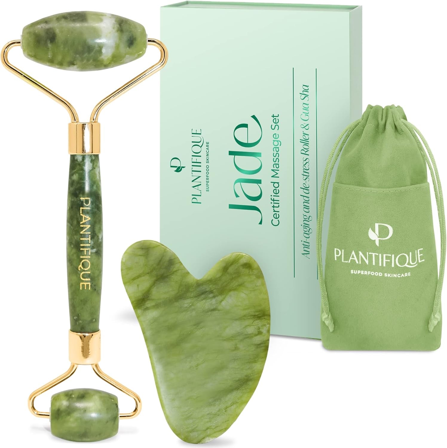 Plantifique Jade Gesichtsroller Und Gua Sha Stein - Natürliches Jade Roller & Guasha Set Für Gesichtsmassage - Face Roller